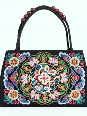 Embroidered Floral Black Tote Bag with Beaded Handles